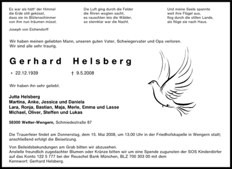  Traueranzeige für Gerhard Helsberg vom 10.05.2008 aus Tageszeitung