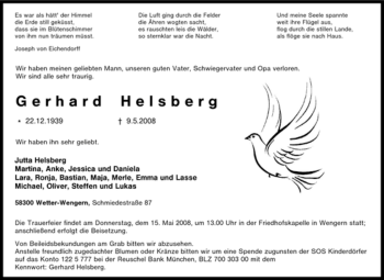 Traueranzeige von Gerhard Helsberg von Tageszeitung