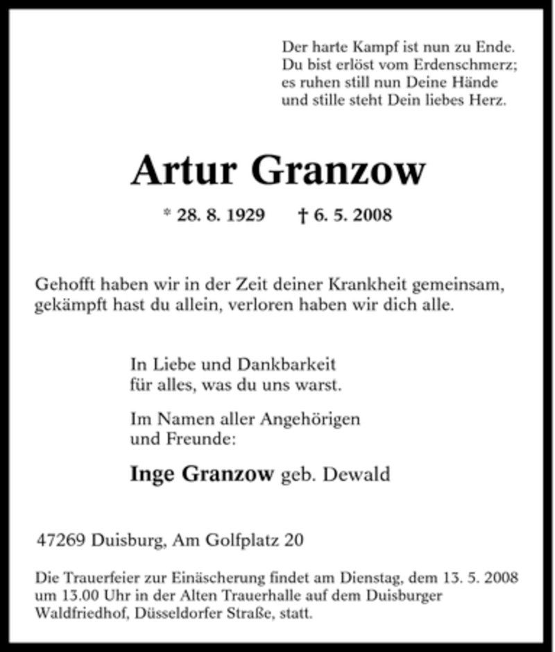  Traueranzeige für Artur Granzow vom 10.05.2008 aus Tageszeitung