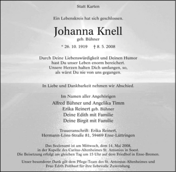Traueranzeige von Johanna Knell von Tageszeitung