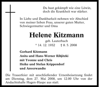Traueranzeige von Helene Kitzmann von Tageszeitung