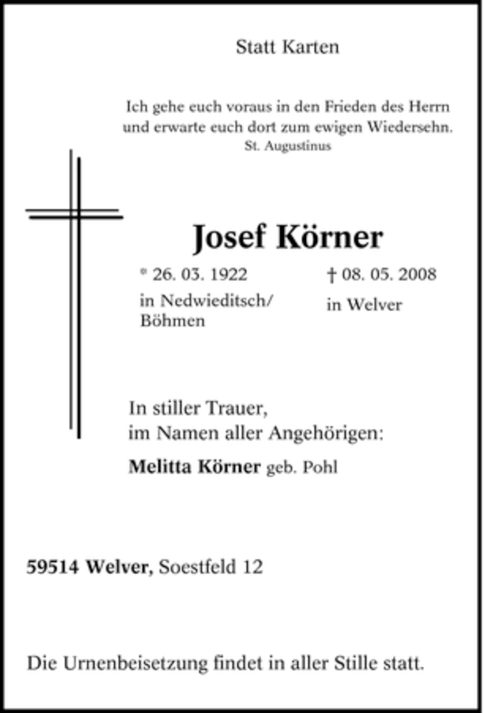  Traueranzeige für Josef Körner vom 10.05.2008 aus Tageszeitung