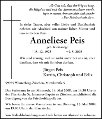 Traueranzeige von Anneliese Peis von Tageszeitung