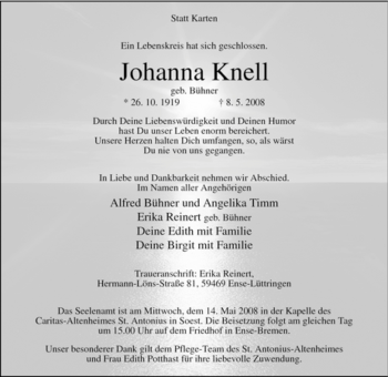 Traueranzeige von Johanna Knell von Tageszeitung