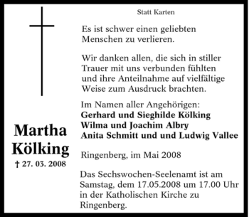 Traueranzeige von Martha Kölking von Tageszeitung