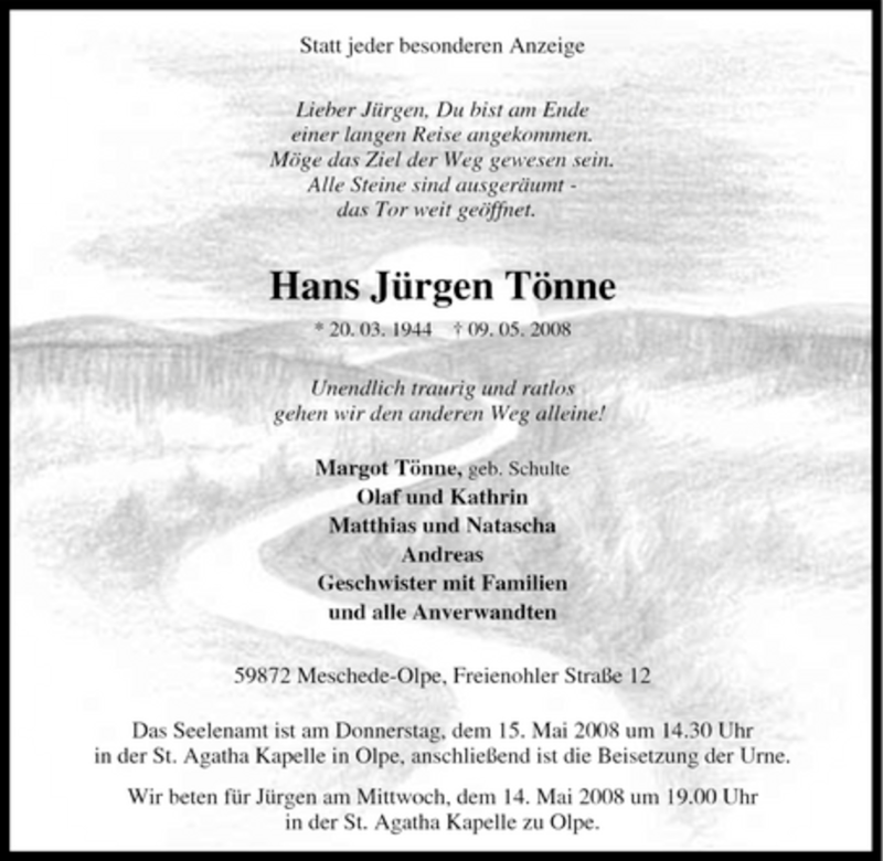 Traueranzeige für Hans Jürgen Tönne vom 13.05.2008 aus Tageszeitung