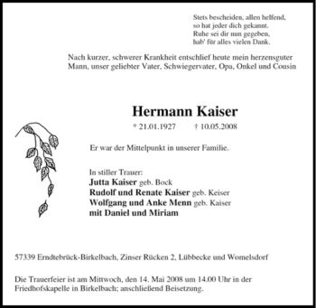 Traueranzeige von Hermann Kaiser von Tageszeitung