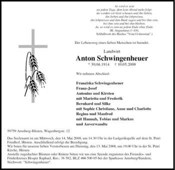 Traueranzeige von Anton Schwingenheuer von Tageszeitung