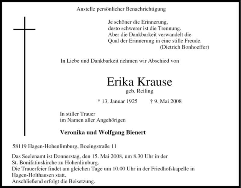  Traueranzeige für Erika Krause vom 13.05.2008 aus Tageszeitung