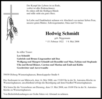 Traueranzeige von Hedwig Schmidt von Tageszeitung