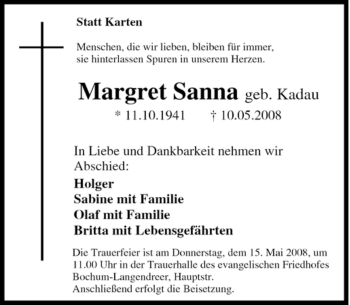 Traueranzeige von Margret Sanna von Tageszeitung