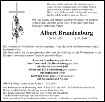 Traueranzeige von Albert Brandenburg von Tageszeitung