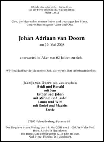Traueranzeige von Johan Adriaan van Doorn von Tageszeitung