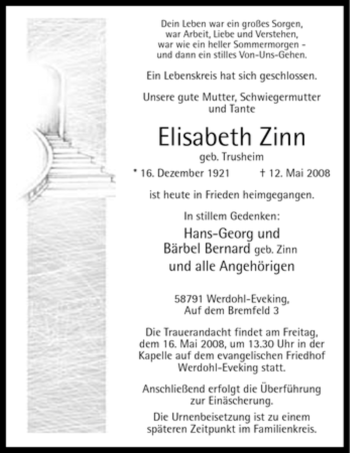 Traueranzeige von Elisabeth Zinn von Tageszeitung