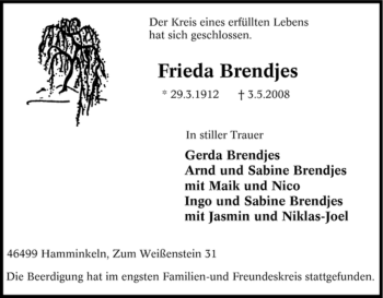Traueranzeige von Frieda Brendjes von Tageszeitung