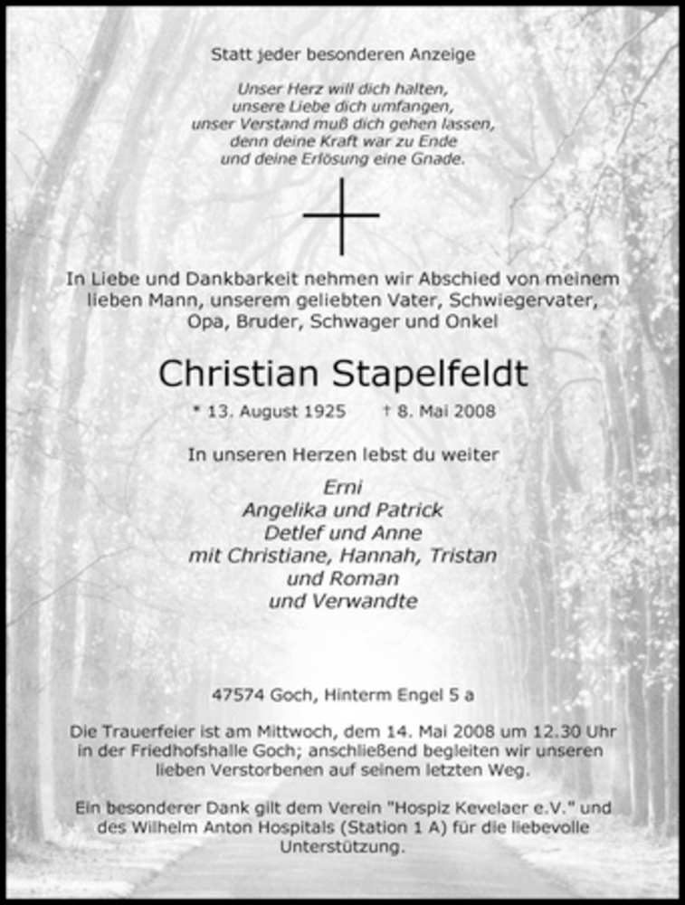  Traueranzeige für Christian Stapelfeldt vom 14.05.2008 aus Tageszeitung