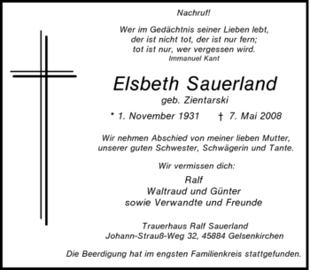 Traueranzeige von Elsbeth Sauerland von Tageszeitung