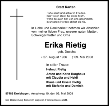 Traueranzeige von Erika Rietig von Tageszeitung