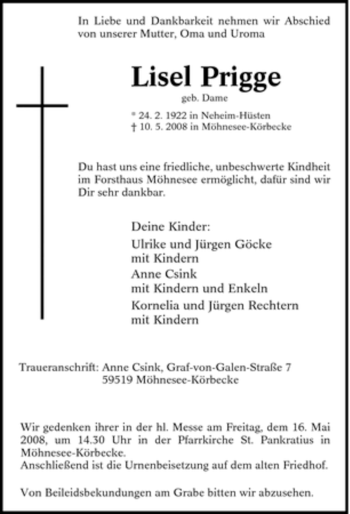 Traueranzeige von Lisel Prigge von Tageszeitung
