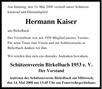 Traueranzeige von Hermann Kaiser von Tageszeitung