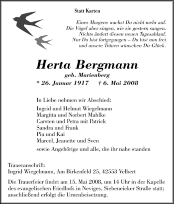 Traueranzeige von Herta Bergmann von Tageszeitung