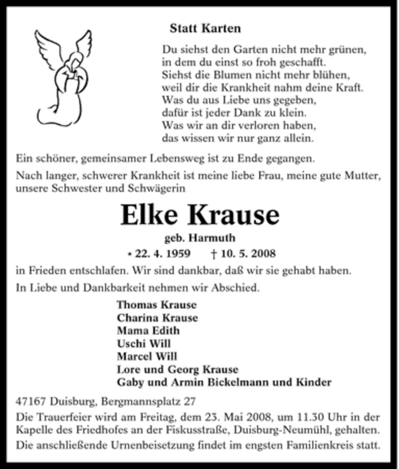  Traueranzeige für Elke Krause vom 14.05.2008 aus Tageszeitung