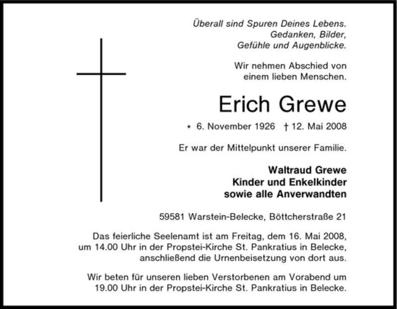  Traueranzeige für Erich Grewe vom 14.05.2008 aus Tageszeitung