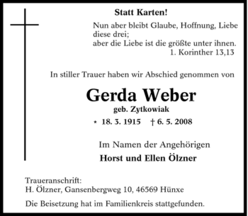 Traueranzeige von Gerda Weber von Tageszeitung