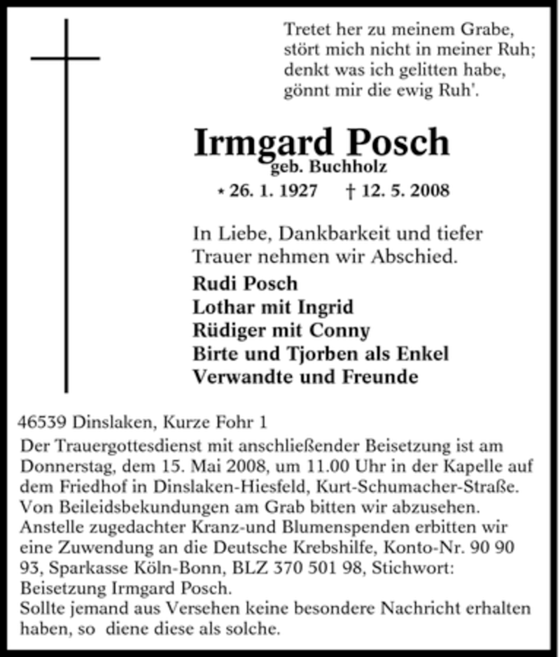  Traueranzeige für Irmgard Posch vom 14.05.2008 aus Tageszeitung