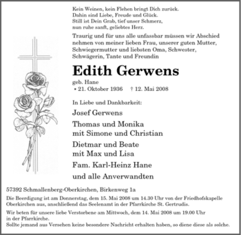 Traueranzeige von Edith Gerwens von Tageszeitung