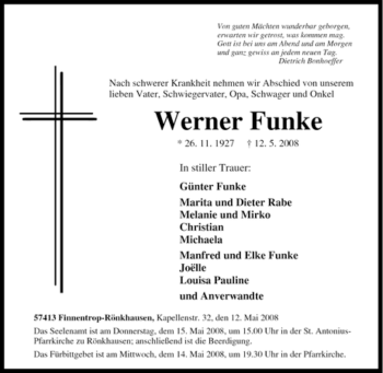 Traueranzeige von Werner Funke von Tageszeitung