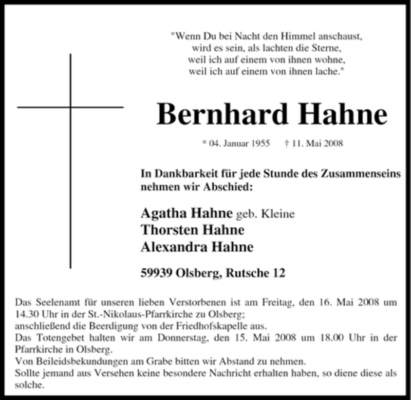  Traueranzeige für Bernhard Hahne vom 14.05.2008 aus Tageszeitung