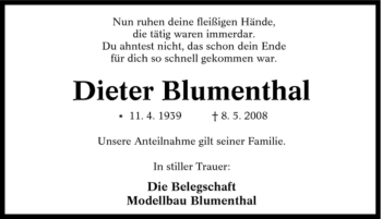 Traueranzeige von Dieter Blumenthal von Tageszeitung