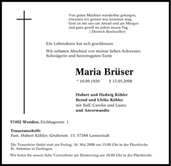 Traueranzeige von Maria Brüser von Tageszeitung