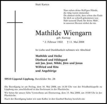 Traueranzeige von Mathilde Wiengarn von Tageszeitung