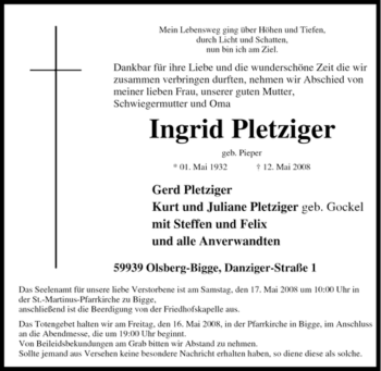 Traueranzeige von Ingrid Pletziger von Tageszeitung