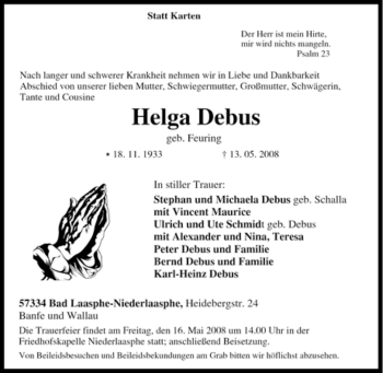 Traueranzeige von Helga Debus von Tageszeitung