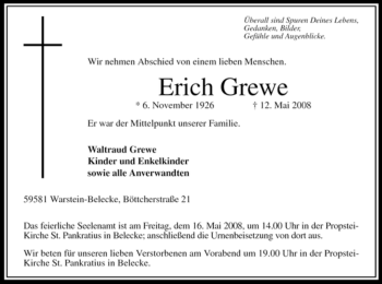 Traueranzeige von Erich Grewe von Tageszeitung