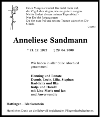 Traueranzeige von Anneliese Sandmann von Tageszeitung