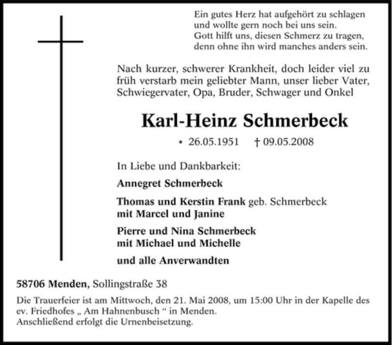  Traueranzeige für Karl-Heinz Schmerbeck vom 15.05.2008 aus Tageszeitung