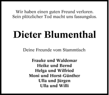 Traueranzeige von Dieter Blumenthal von Tageszeitung