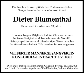 Traueranzeige von Dieter Blumenthal von Tageszeitung