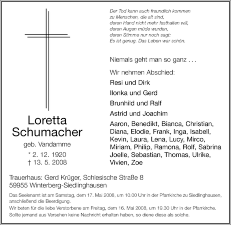  Traueranzeige für Loretta Schumacher vom 15.05.2008 aus Tageszeitung
