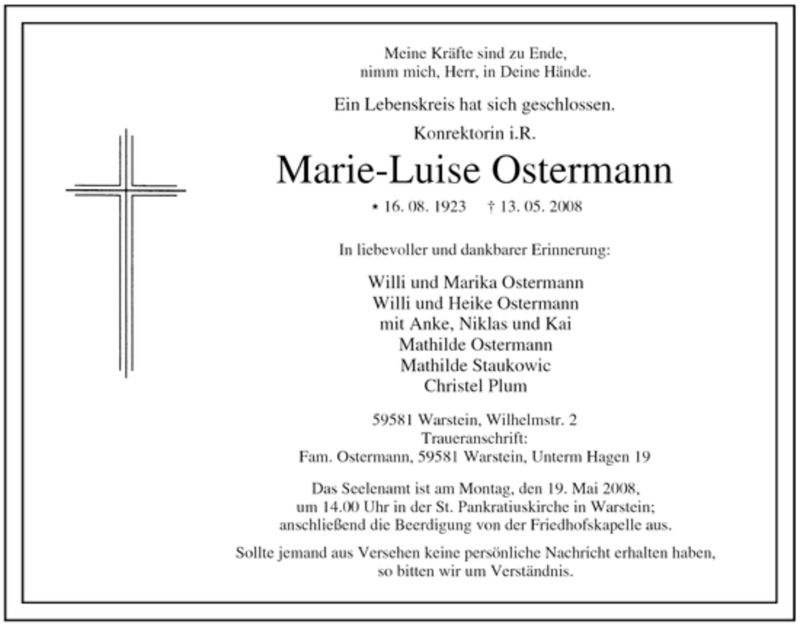 Traueranzeigen Von Marie Luise Ostermann Trauer In Nrwde 4753