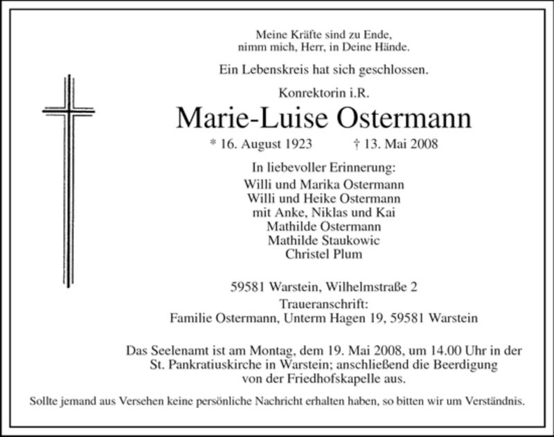  Traueranzeige für Marie-Luise Ostermann vom 15.05.2008 aus Tageszeitung