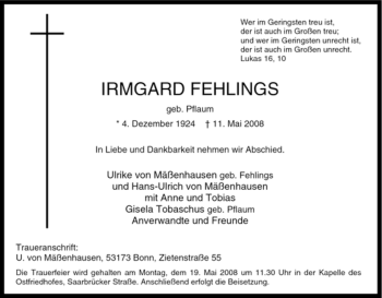 Traueranzeige von Irmgard Fehlings von Tageszeitung