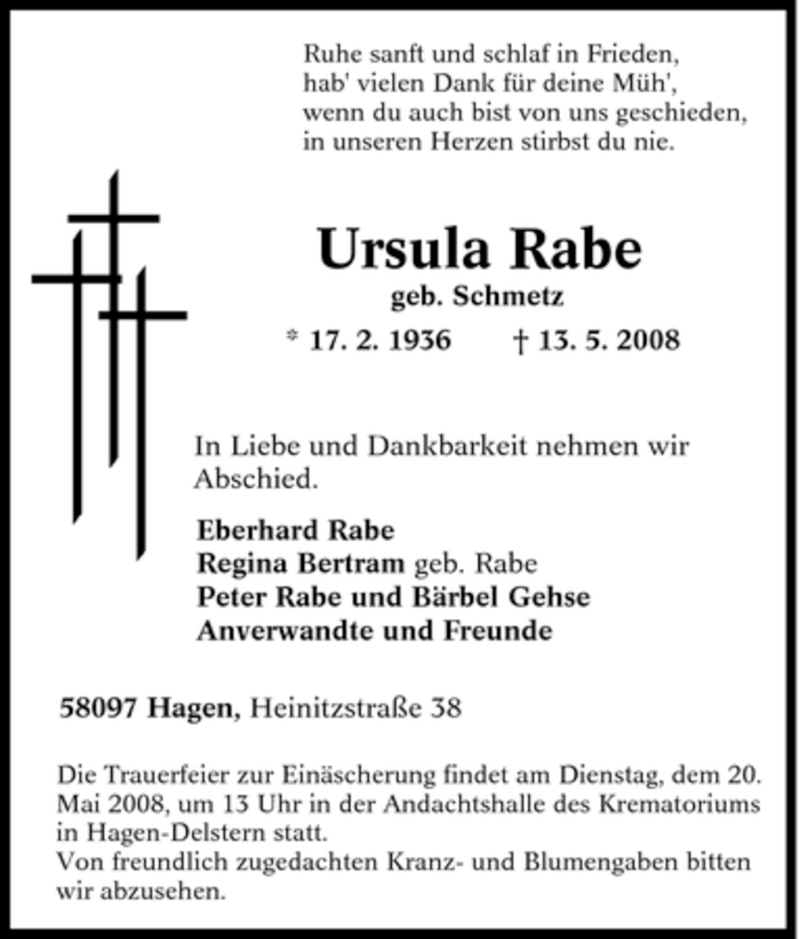  Traueranzeige für Ursula Rabe vom 16.05.2008 aus Tageszeitung