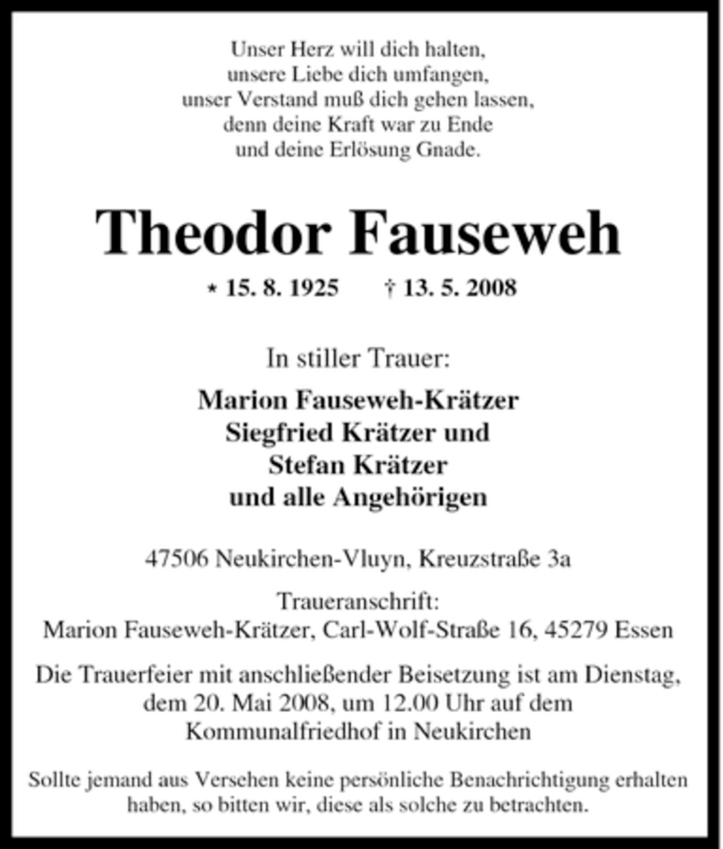  Traueranzeige für Theodor Fauseweh vom 16.05.2008 aus Tageszeitung