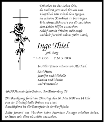 Traueranzeige von Inge Thiel von Tageszeitung