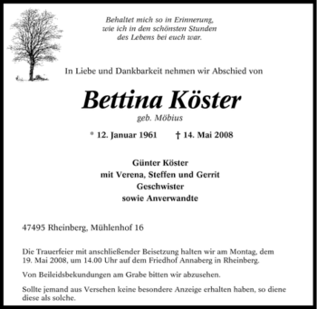 Traueranzeige von Bettina Köster von Tageszeitung